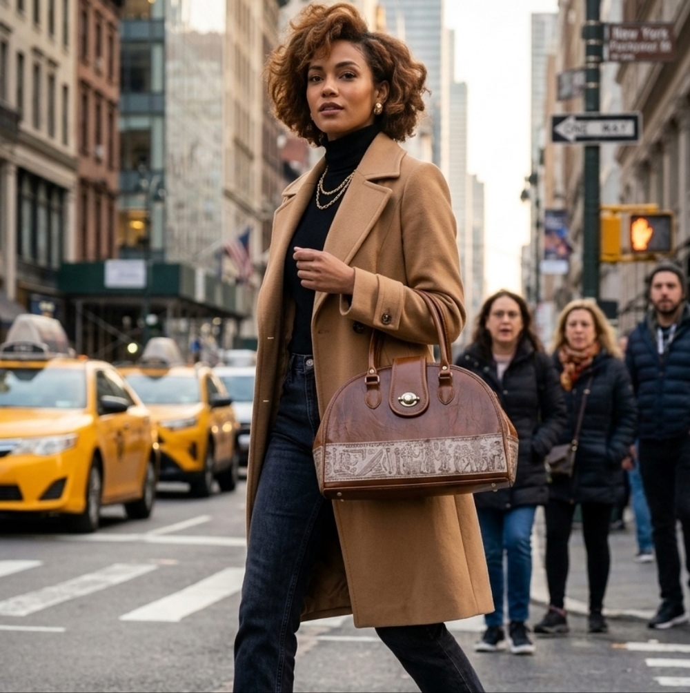 Brown Dome Satchel Handbag with Turn-Lock Accent